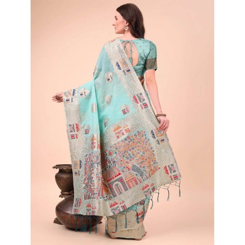 Generic Women's Linen Cotton Printed Saree With Unstitched Blouse 5.5Mtr (Sky Blue) - MYLUXURY LANE ENTERPRISE