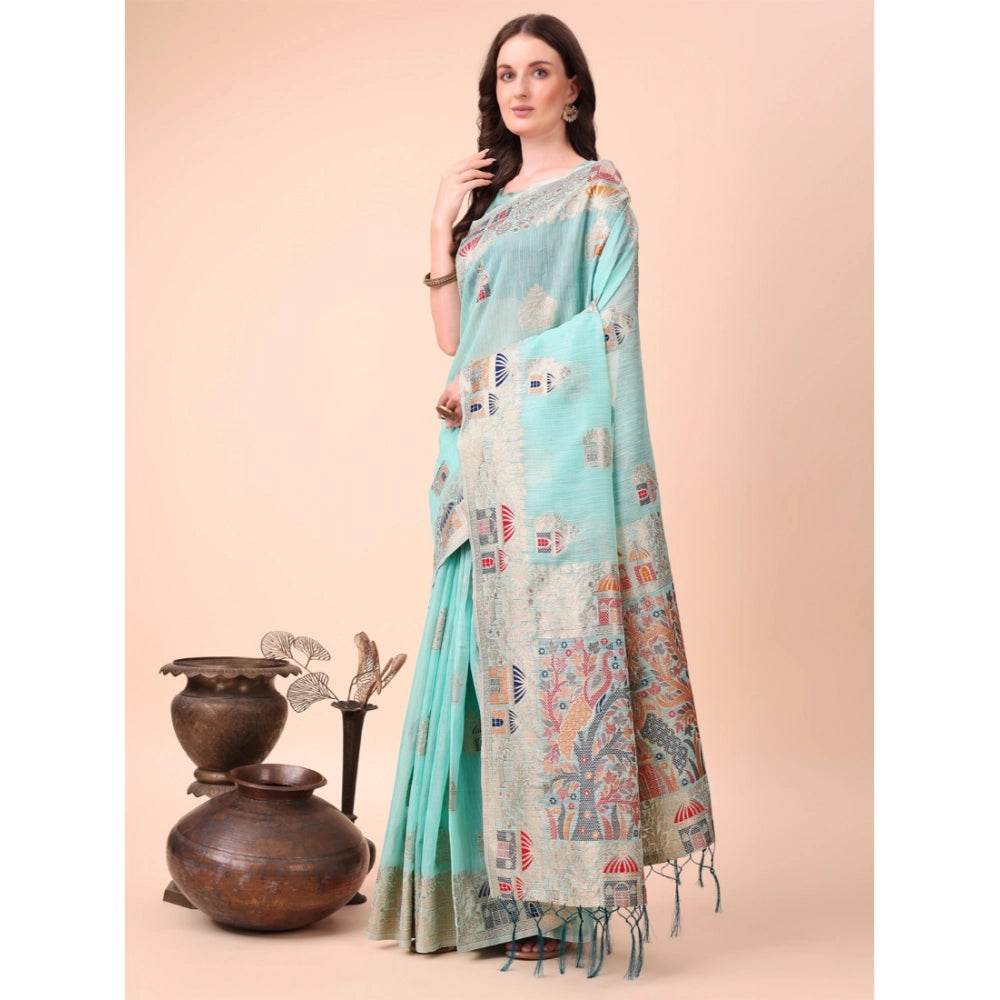 Generic Women's Linen Cotton Printed Saree With Unstitched Blouse 5.5Mtr (Sky Blue) - MYLUXURY LANE ENTERPRISE