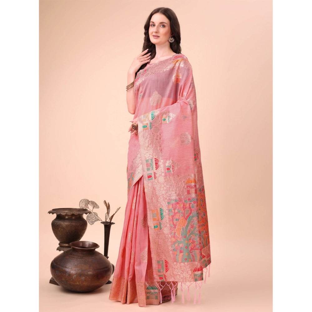Generic Women's Linen Cotton Printed Saree With Unstitched Blouse 5.5Mtr (Pink) - MYLUXURY LANE ENTERPRISE