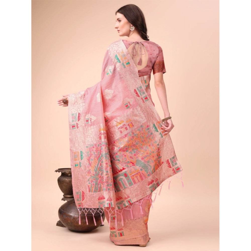 Generic Women's Linen Cotton Printed Saree With Unstitched Blouse 5.5Mtr (Pink) - MYLUXURY LANE ENTERPRISE