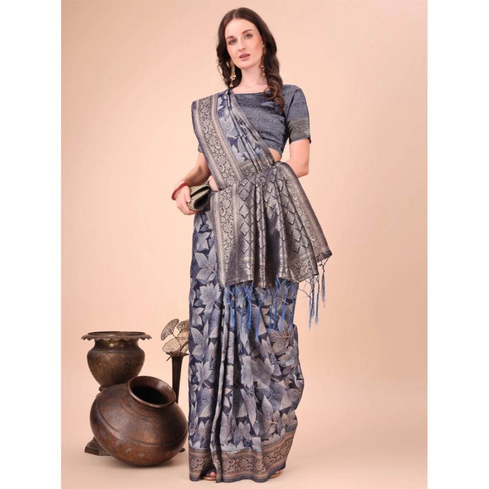 Generic Women's Cotton Printed Saree With Unstitched Blouse 5.5Mtr (Navy Blue) - MYLUXURY LANE ENTERPRISE