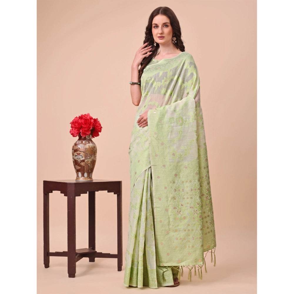 Generic Women's Cotton Printed Saree With Unstitched Blouse 5.5Mtr (Light Green) - MYLUXURY LANE ENTERPRISE