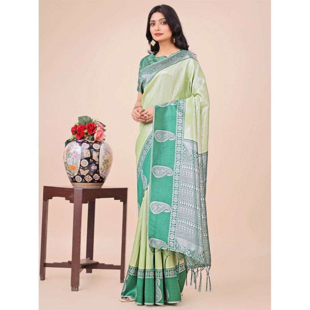 Generic Women's Lichi Silk Printed Saree With Unstitched Blouse 5.5Mtr (Light Green) - MYLUXURY LANE ENTERPRISE