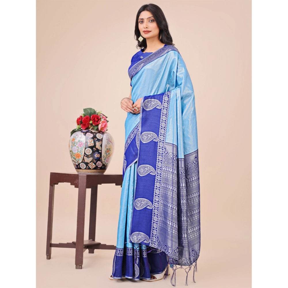 Generic Women's Lichi Silk Printed Saree With Unstitched Blouse 5.5Mtr (Sky Blue) - MYLUXURY LANE ENTERPRISE