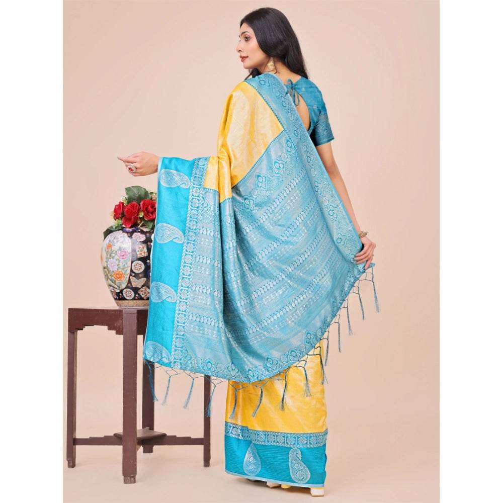Generic Women's Lichi Silk Printed Saree With Unstitched Blouse 5.5Mtr (Yellow) - MYLUXURY LANE ENTERPRISE