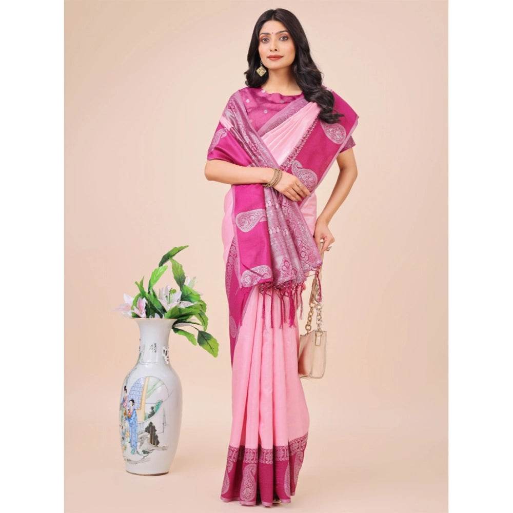Generic Women's Lichi Silk Printed Saree With Unstitched Blouse 5.5Mtr (Light Pink) - MYLUXURY LANE ENTERPRISE