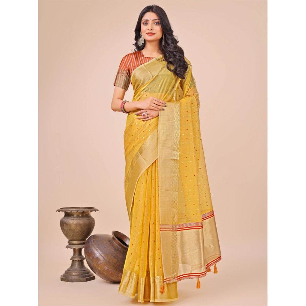Generic Women's Organza Printed Saree With Unstitched Blouse 5.5Mtr (Yellow) - MYLUXURY LANE ENTERPRISE