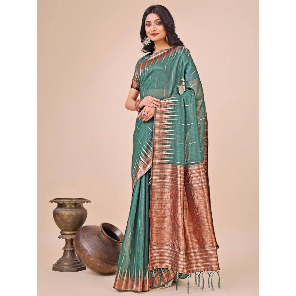 Generic Women's Linen Cotton Printed Saree With Unstitched Blouse 5.5Mtr (Green) - MYLUXURY LANE ENTERPRISE
