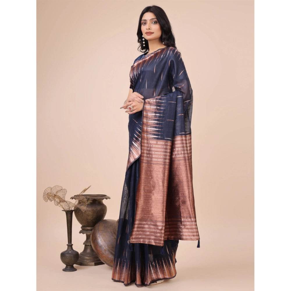 Generic Women's Linen Cotton Printed Saree With Unstitched Blouse 5.5Mtr (Navy Blue) - MYLUXURY LANE ENTERPRISE