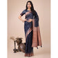 Generic Women's Linen Cotton Printed Saree With Unstitched Blouse 5.5Mtr (Navy Blue) - MYLUXURY LANE ENTERPRISE