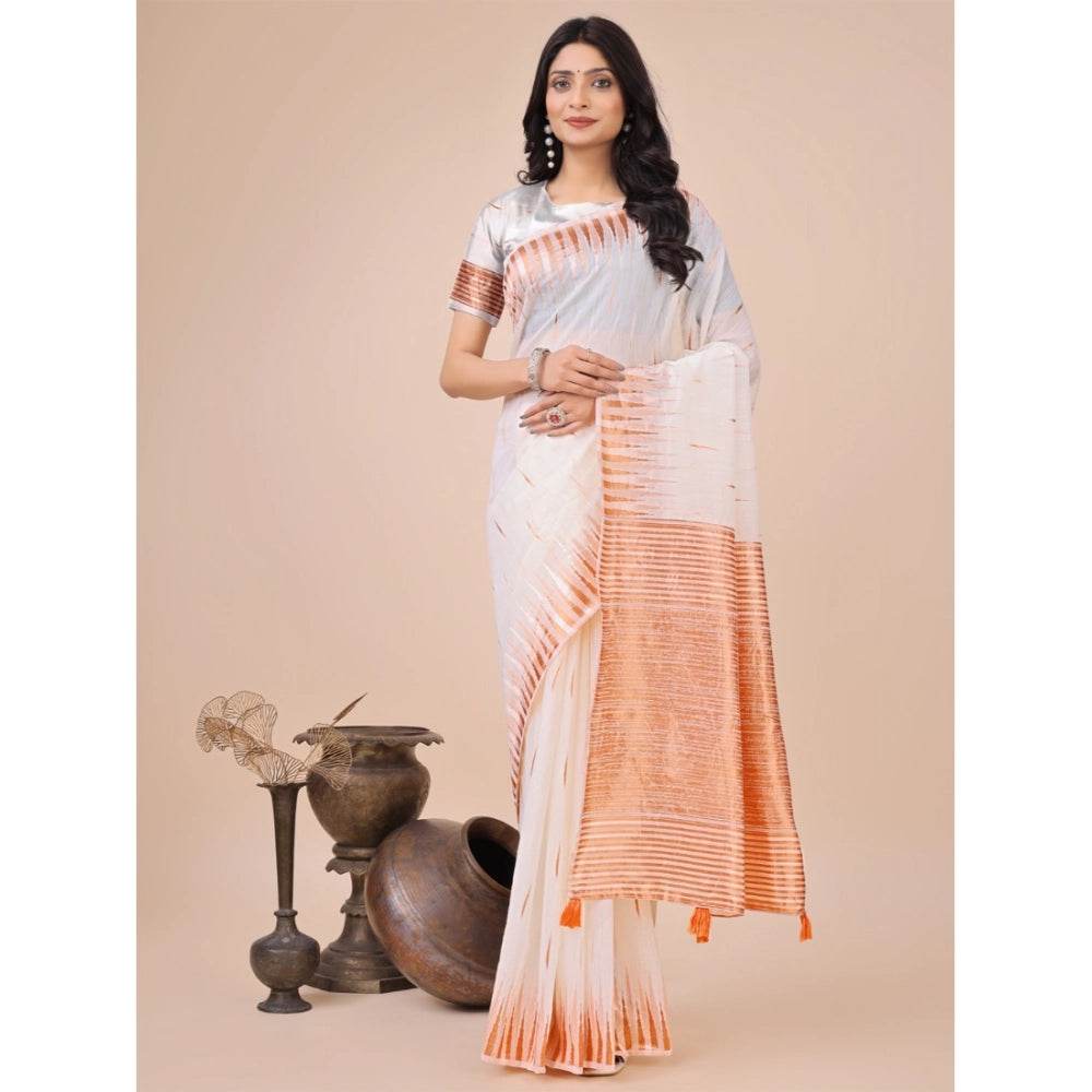Generic Women's Linen Cotton Printed Saree With Unstitched Blouse 5.5Mtr (White) - MYLUXURY LANE ENTERPRISE