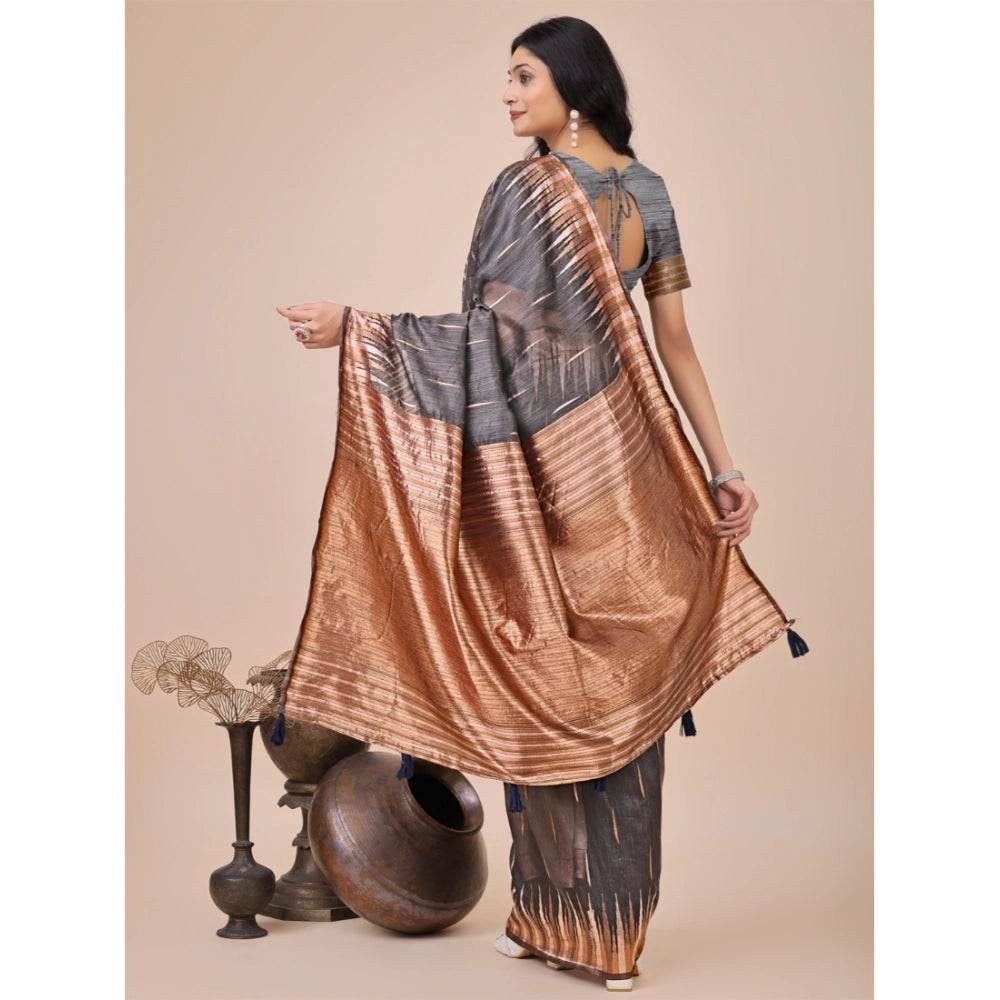Generic Women's Linen Cotton Printed Saree With Unstitched Blouse 5.5Mtr (Grey) - MYLUXURY LANE ENTERPRISE
