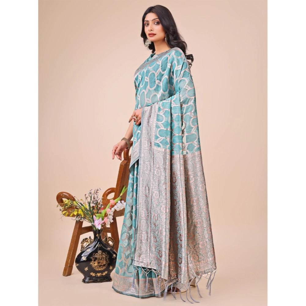 Generic Women's Linen Cotton Printed Saree With Unstitched Blouse 5.5Mtr (Teal) - MYLUXURY LANE ENTERPRISE