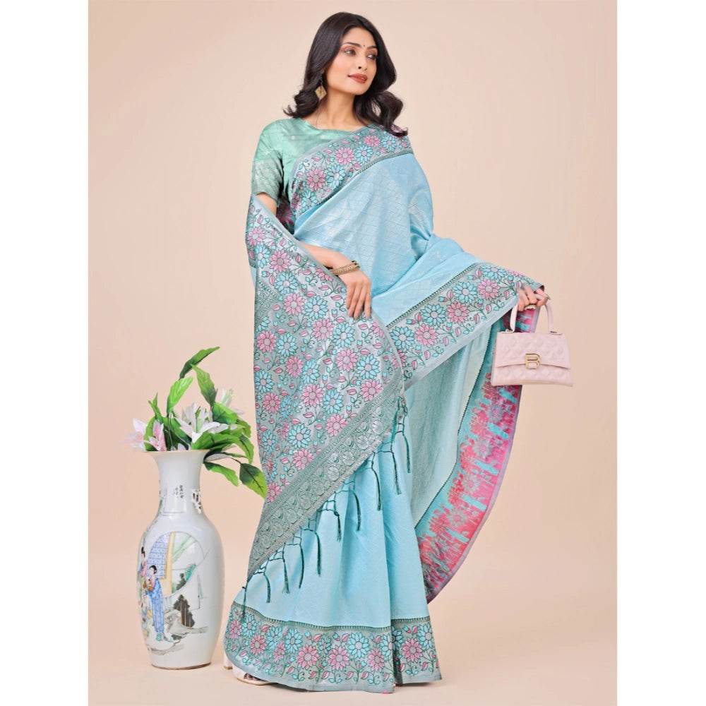 Generic Women's Lichi Silk Printed Saree With Unstitched Blouse 5.5Mtr (Teal) - MYLUXURY LANE ENTERPRISE
