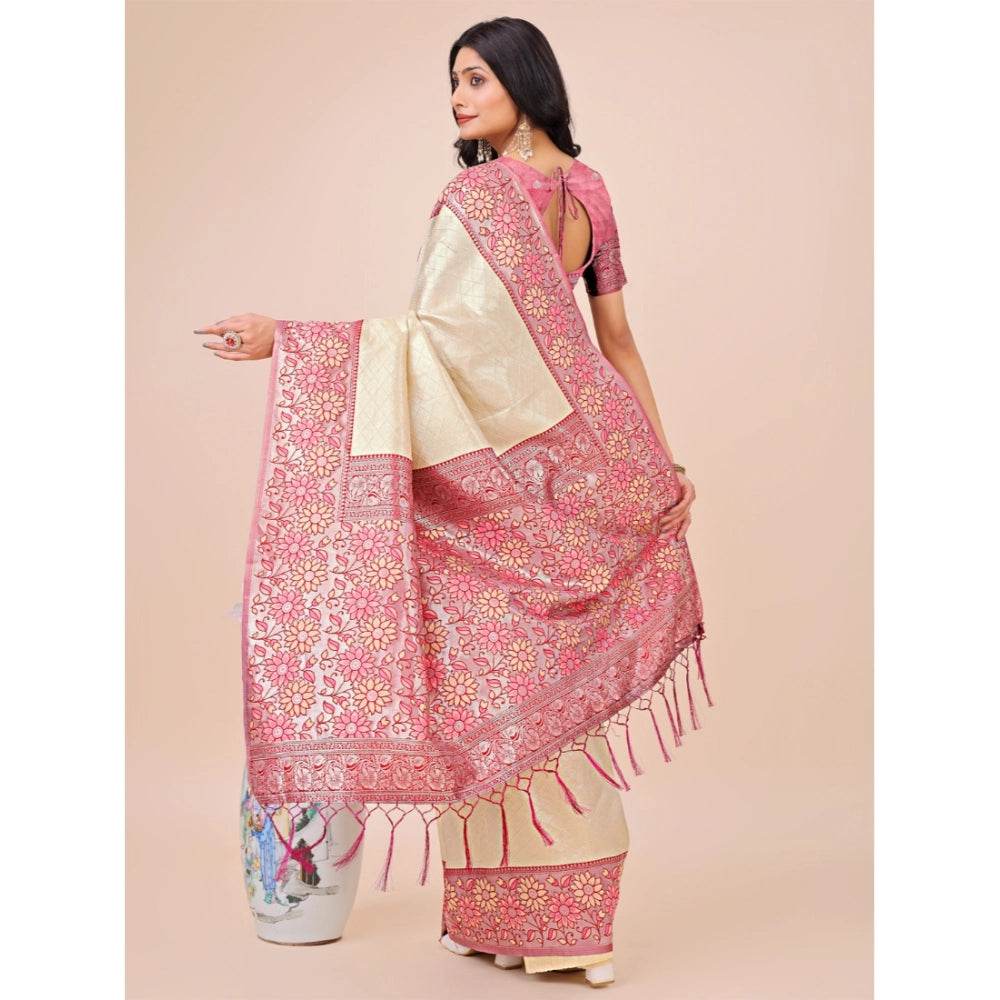 Generic Women's Lichi Silk Printed Saree With Unstitched Blouse 5.5Mtr (Cream) - MYLUXURY LANE ENTERPRISE