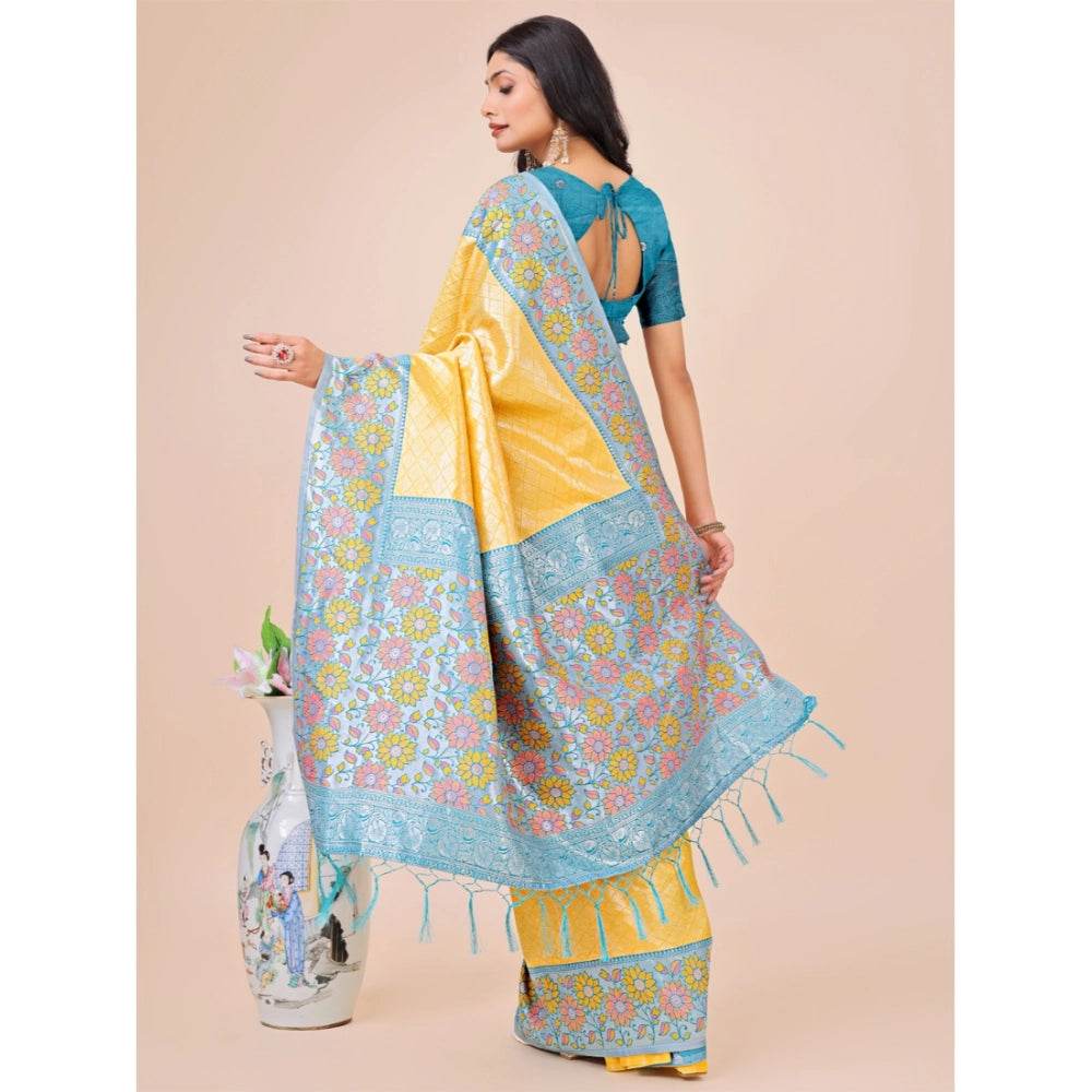 Generic Women's Lichi Silk Printed Saree With Unstitched Blouse 5.5Mtr (Yellow) - MYLUXURY LANE ENTERPRISE