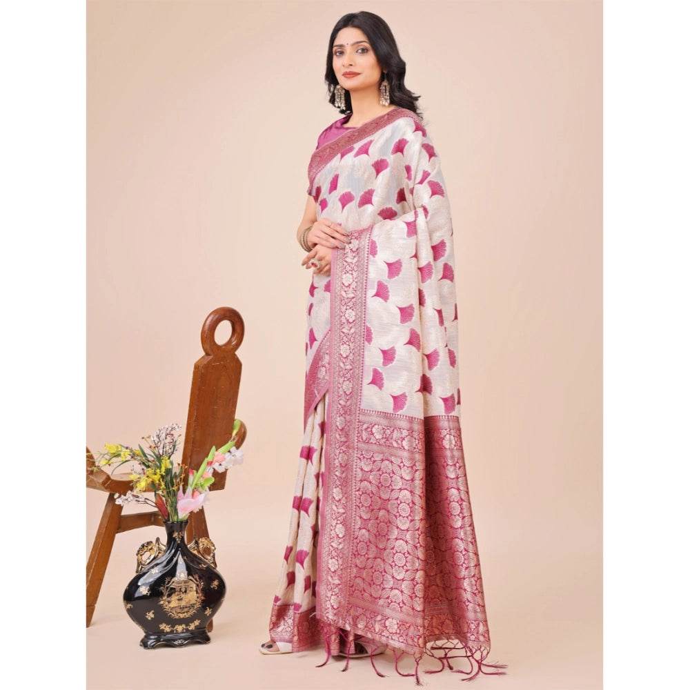 Generic Women's Linen Cotton Printed Saree With Unstitched Blouse 5.5Mtr (Magenta) - MYLUXURY LANE ENTERPRISE