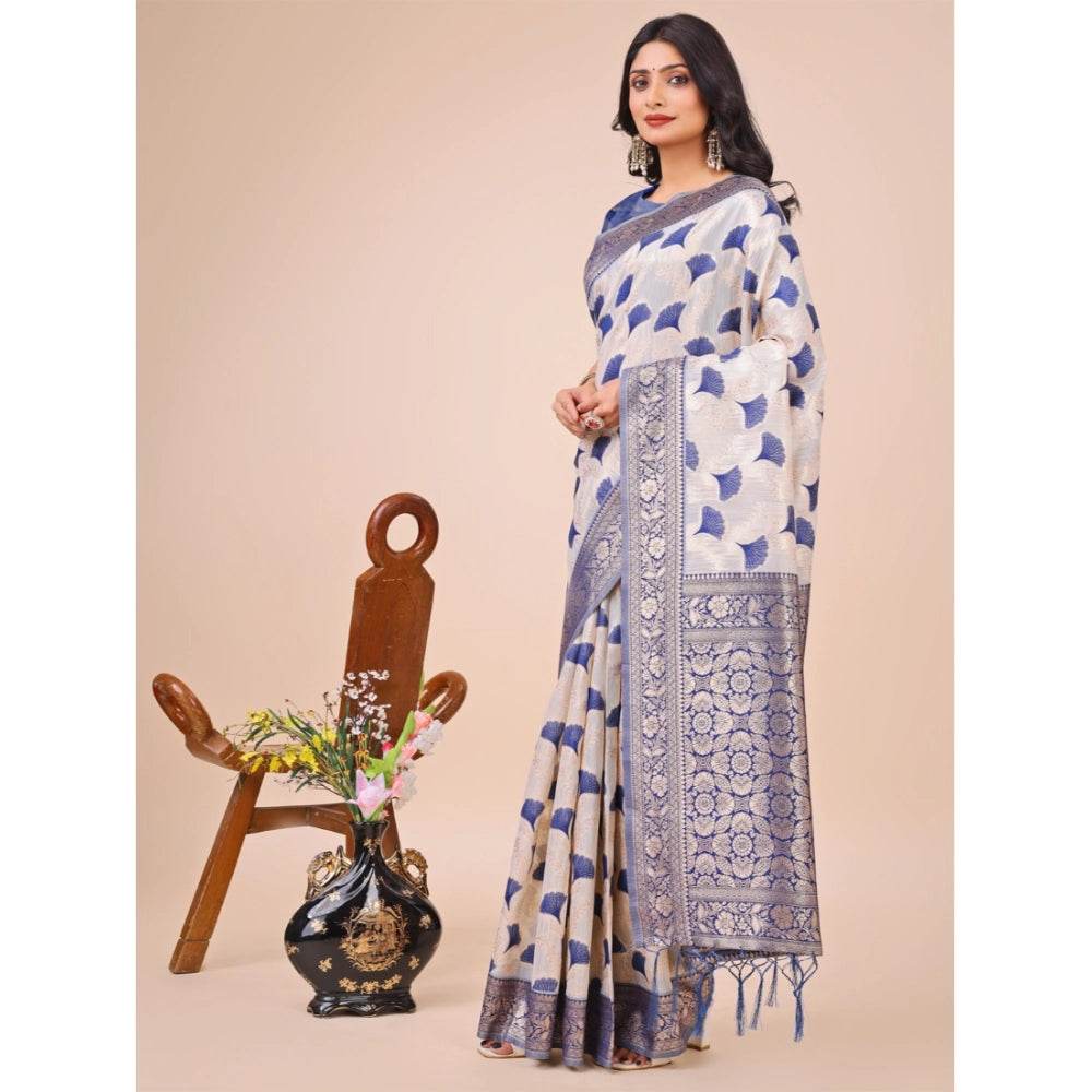 Generic Women's Linen Cotton Printed Saree With Unstitched Blouse 5.5Mtr (Blue) - MYLUXURY LANE ENTERPRISE