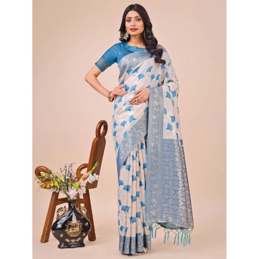 Generic Women's Linen Cotton Printed Saree With Unstitched Blouse 5.5Mtr (Teal) - MYLUXURY LANE ENTERPRISE