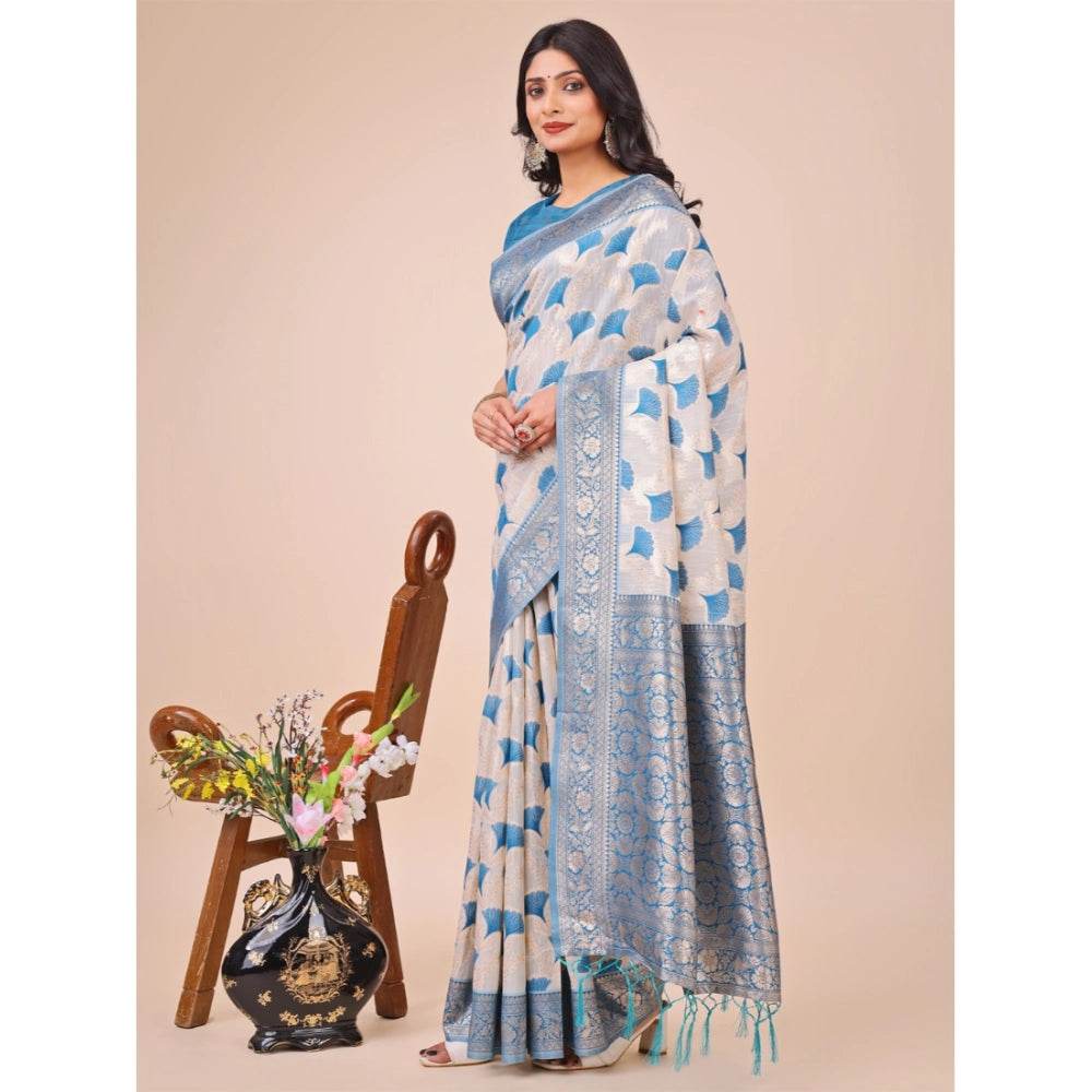 Generic Women's Linen Cotton Printed Saree With Unstitched Blouse 5.5Mtr (Sky Blue) - MYLUXURY LANE ENTERPRISE