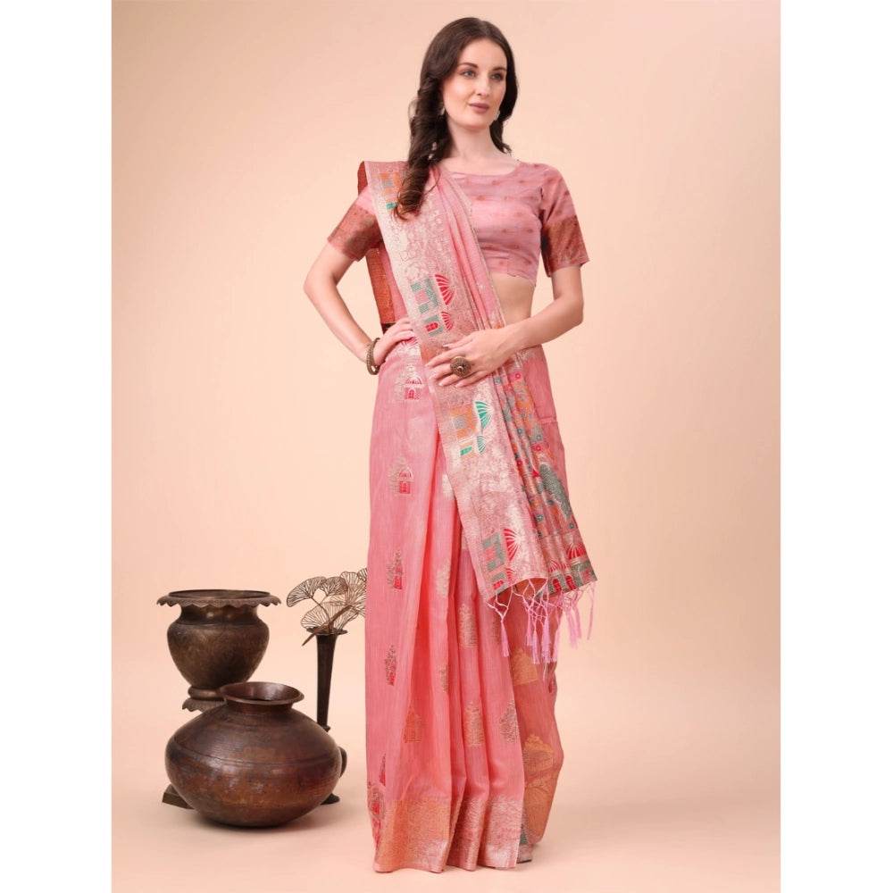 Generic Women's Linen Cotton Printed Saree With Unstitched Blouse 5.5Mtr (Pink) - MYLUXURY LANE ENTERPRISE