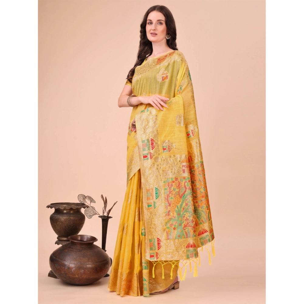 Generic Women's Linen Cotton Printed Saree With Unstitched Blouse 5.5Mtr (Yellow) - MYLUXURY LANE ENTERPRISE