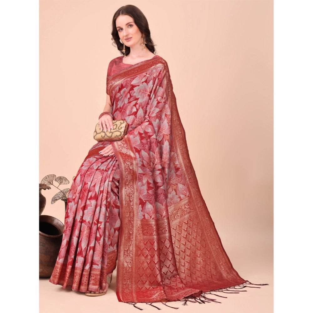 Generic Women's Cotton Printed Saree With Unstitched Blouse 5.5Mtr (Red) - MYLUXURY LANE ENTERPRISE
