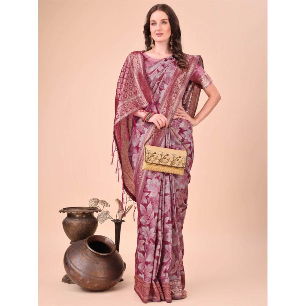 Generic Women's Cotton Printed Saree With Unstitched Blouse 5.5Mtr (Magenta) - MYLUXURY LANE ENTERPRISE