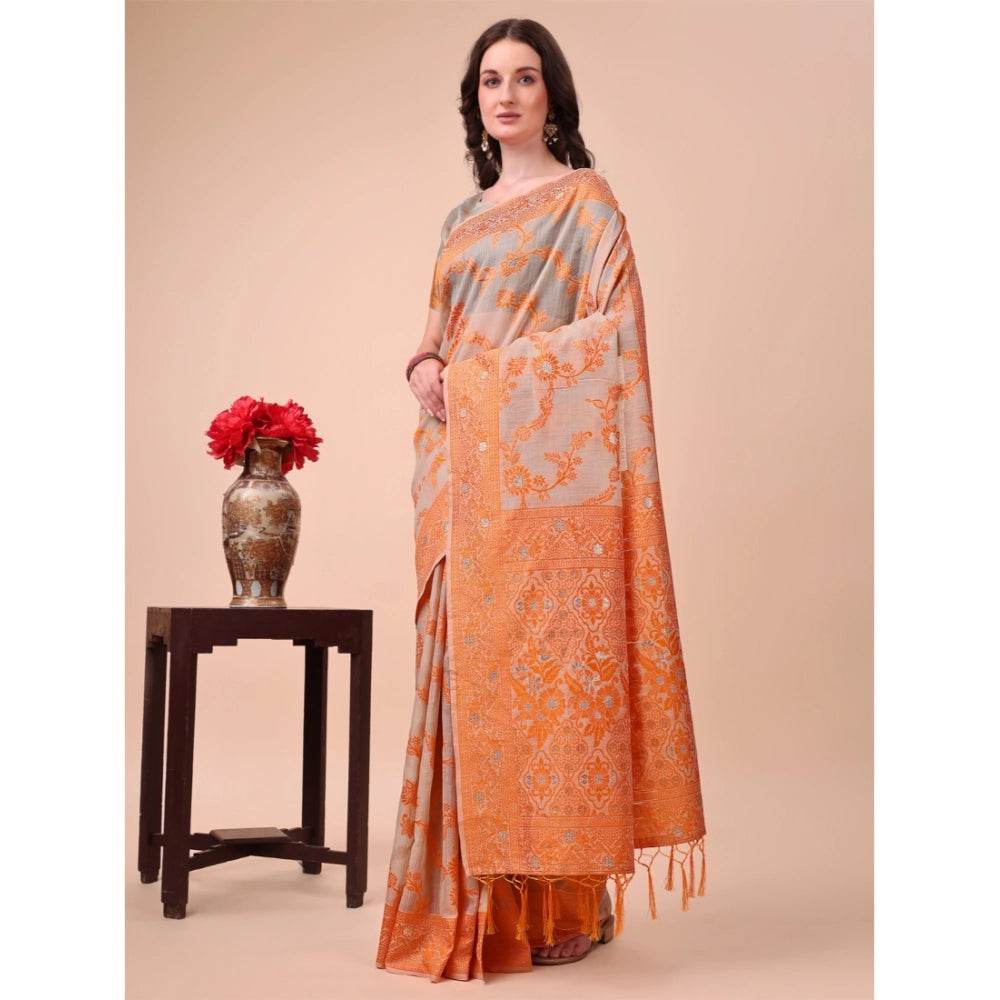 Generic Women's Cotton Printed Saree With Unstitched Blouse 5.5Mtr (Orange) - MYLUXURY LANE ENTERPRISE