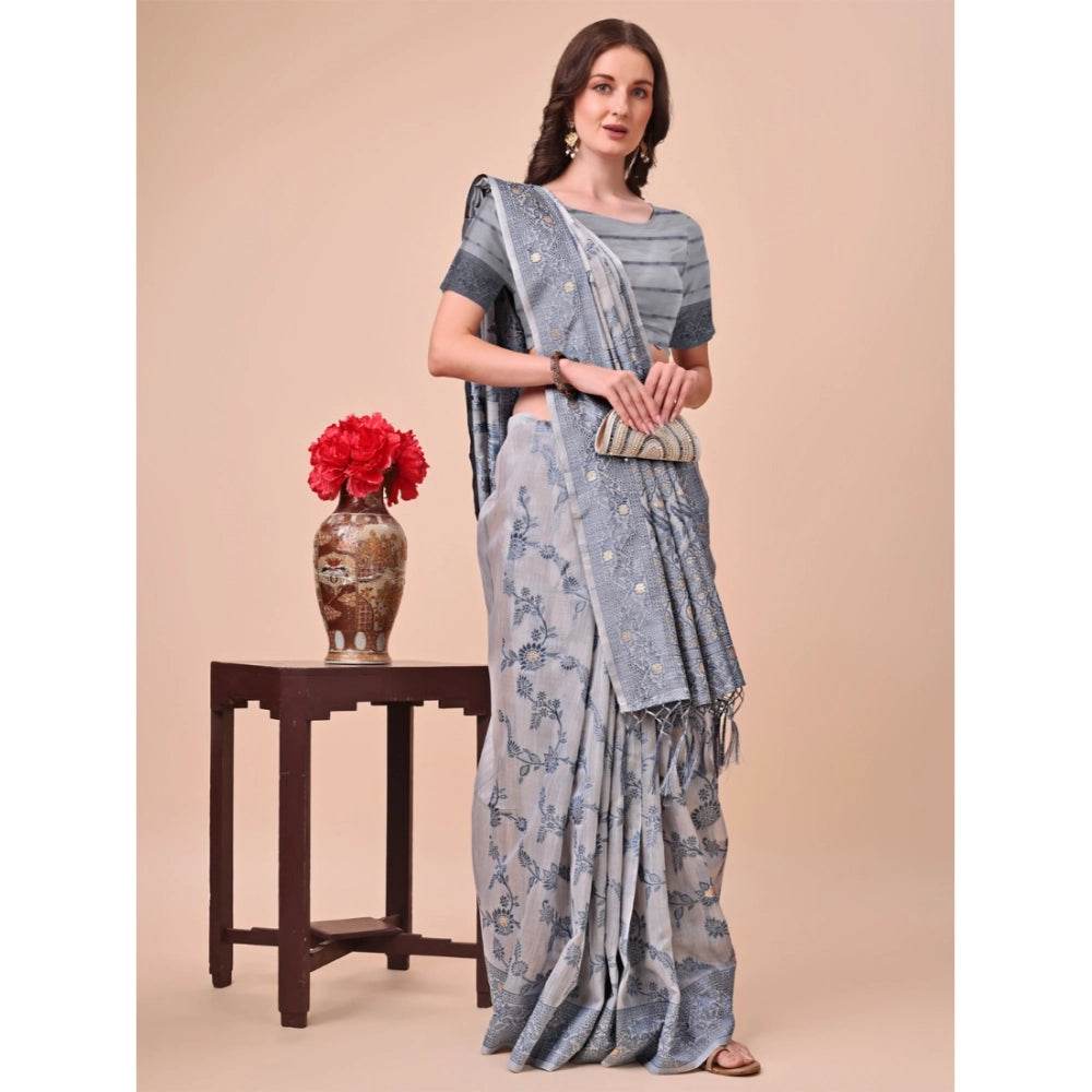 Generic Women's Cotton Printed Saree With Unstitched Blouse 5.5Mtr (Grey) - MYLUXURY LANE ENTERPRISE