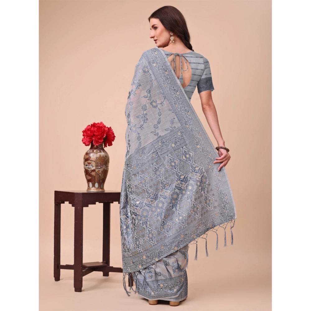 Generic Women's Cotton Printed Saree With Unstitched Blouse 5.5Mtr (Grey) - MYLUXURY LANE ENTERPRISE