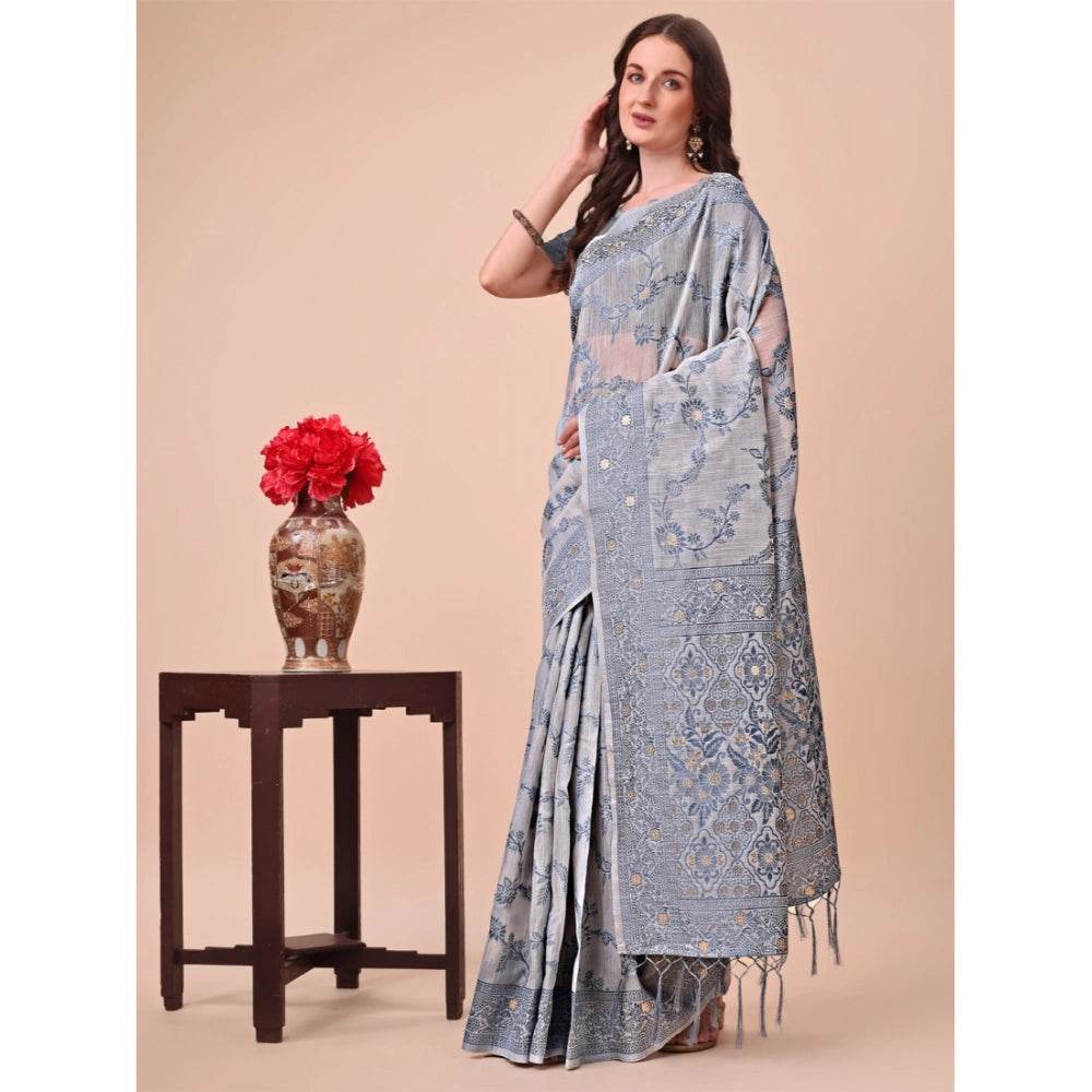 Generic Women's Cotton Printed Saree With Unstitched Blouse 5.5Mtr (Grey) - MYLUXURY LANE ENTERPRISE