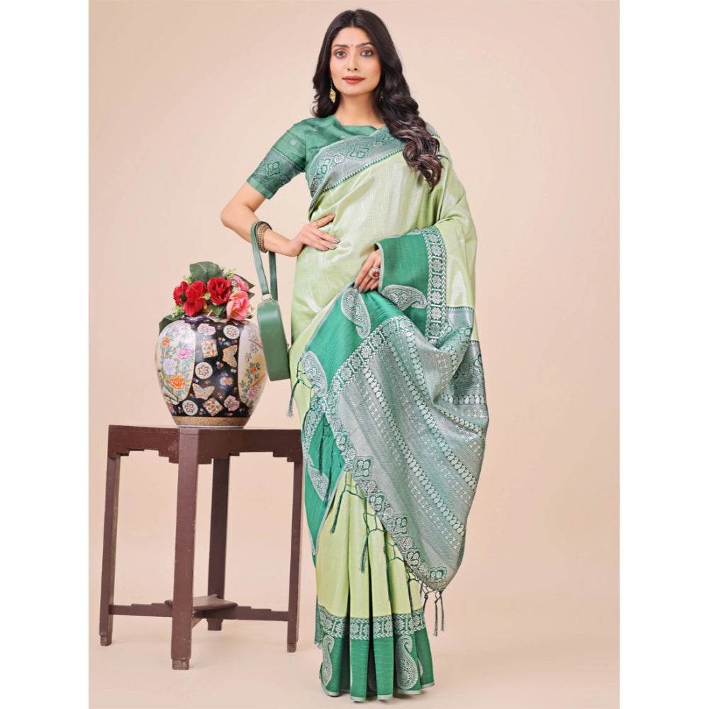Generic Women's Lichi Silk Printed Saree With Unstitched Blouse 5.5Mtr (Light Green) - MYLUXURY LANE ENTERPRISE