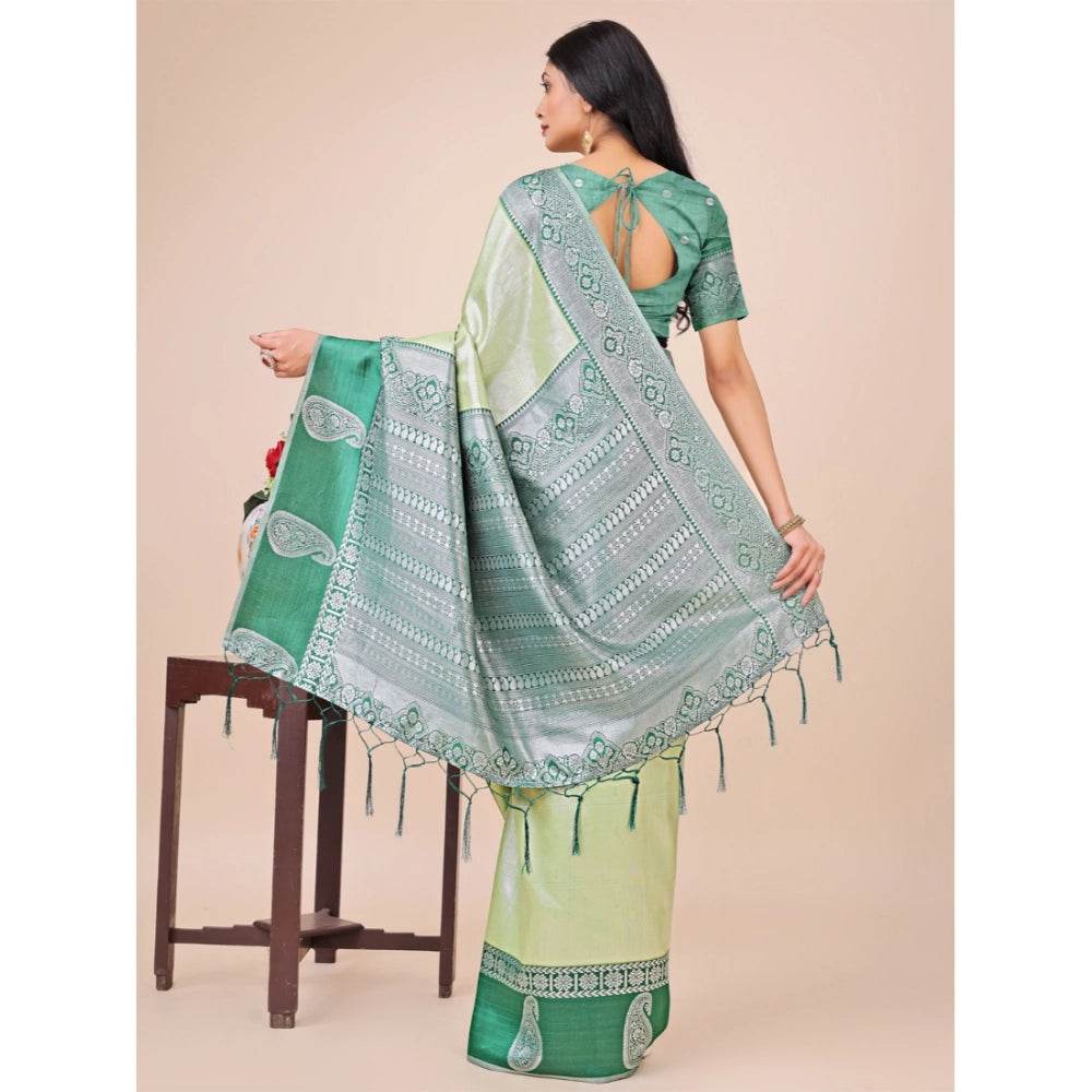 Generic Women's Lichi Silk Printed Saree With Unstitched Blouse 5.5Mtr (Light Green) - MYLUXURY LANE ENTERPRISE