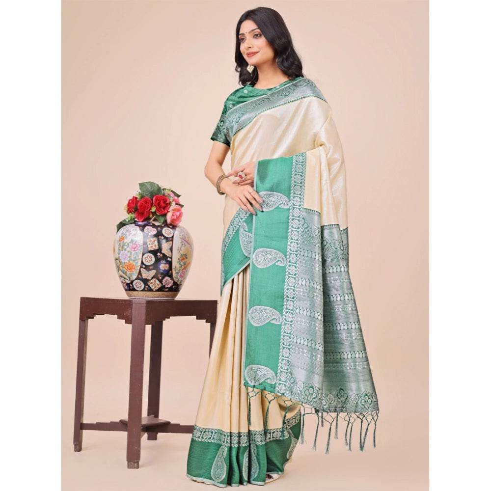 Generic Women's Lichi Silk Printed Saree With Unstitched Blouse 5.5Mtr (Cream) - MYLUXURY LANE ENTERPRISE