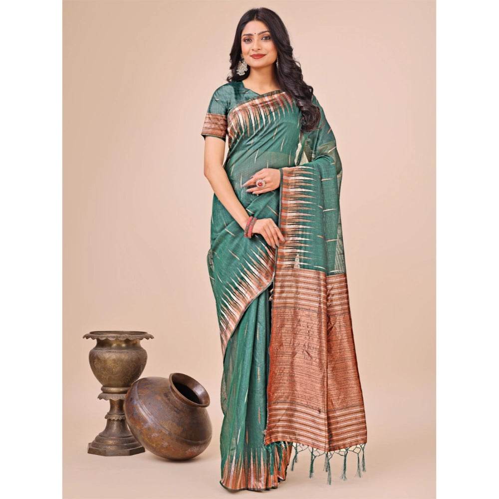 Generic Women's Linen Cotton Printed Saree With Unstitched Blouse 5.5Mtr (Green) - MYLUXURY LANE ENTERPRISE