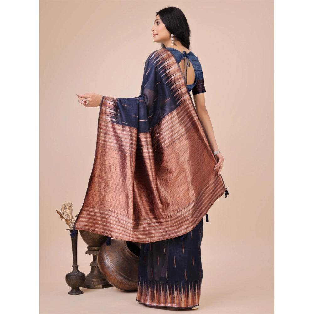 Generic Women's Linen Cotton Printed Saree With Unstitched Blouse 5.5Mtr (Navy Blue) - MYLUXURY LANE ENTERPRISE