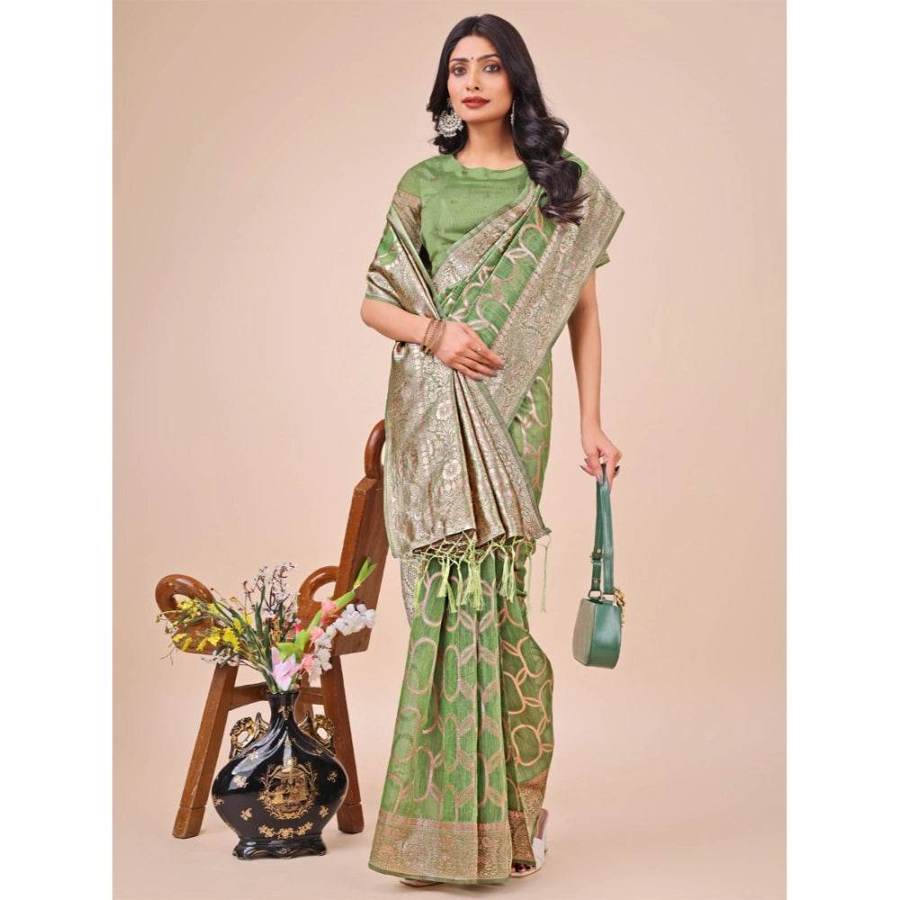 Generic Women's Linen Cotton Printed Saree With Unstitched Blouse 5.5Mtr (Green) - MYLUXURY LANE ENTERPRISE