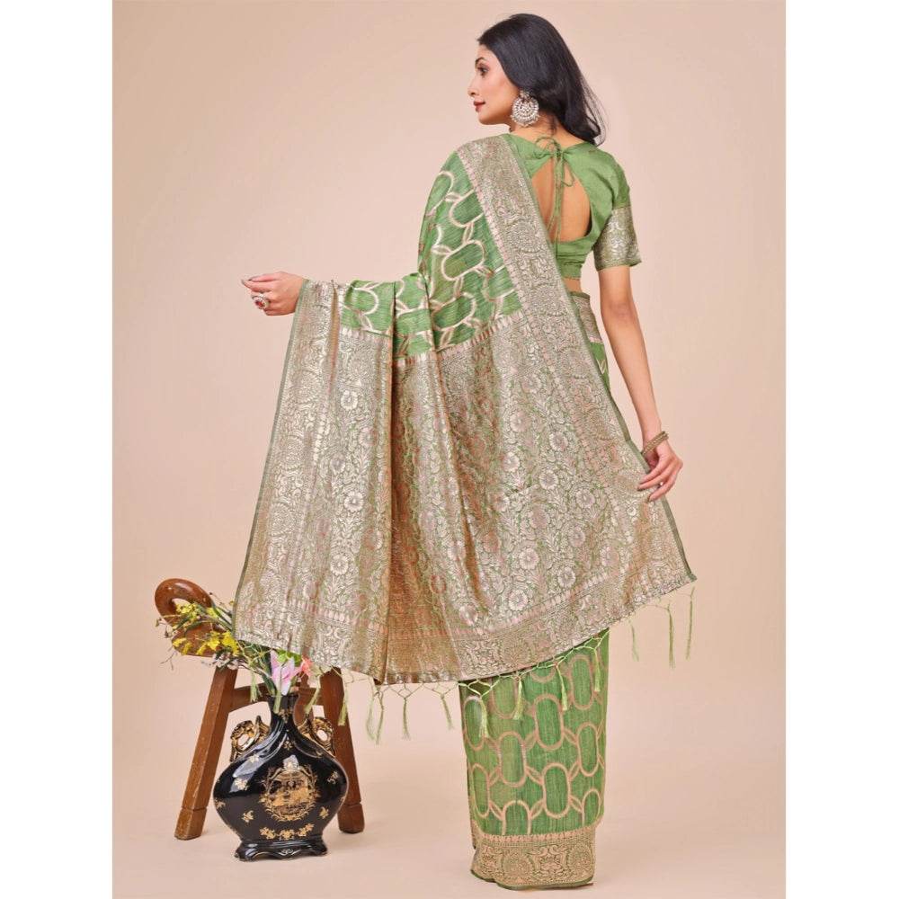 Generic Women's Linen Cotton Printed Saree With Unstitched Blouse 5.5Mtr (Green) - MYLUXURY LANE ENTERPRISE