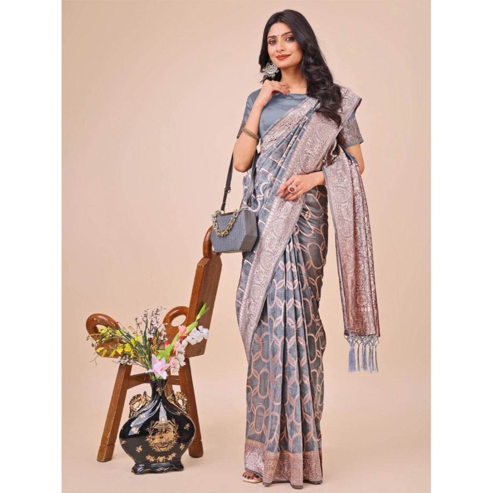 Generic Women's Linen Cotton Printed Saree With Unstitched Blouse 5.5Mtr (Grey) - MYLUXURY LANE ENTERPRISE