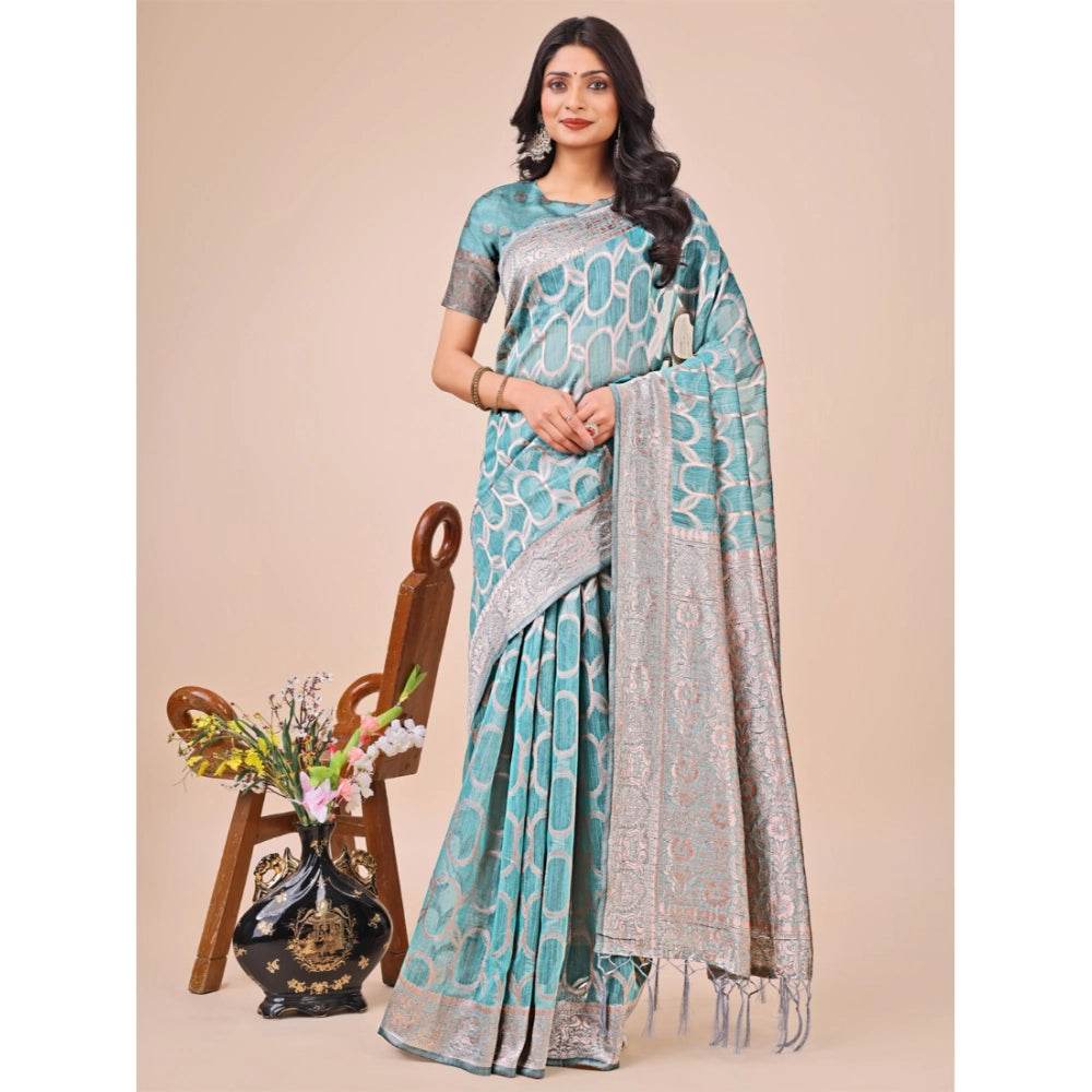 Generic Women's Linen Cotton Printed Saree With Unstitched Blouse 5.5Mtr (Teal) - MYLUXURY LANE ENTERPRISE