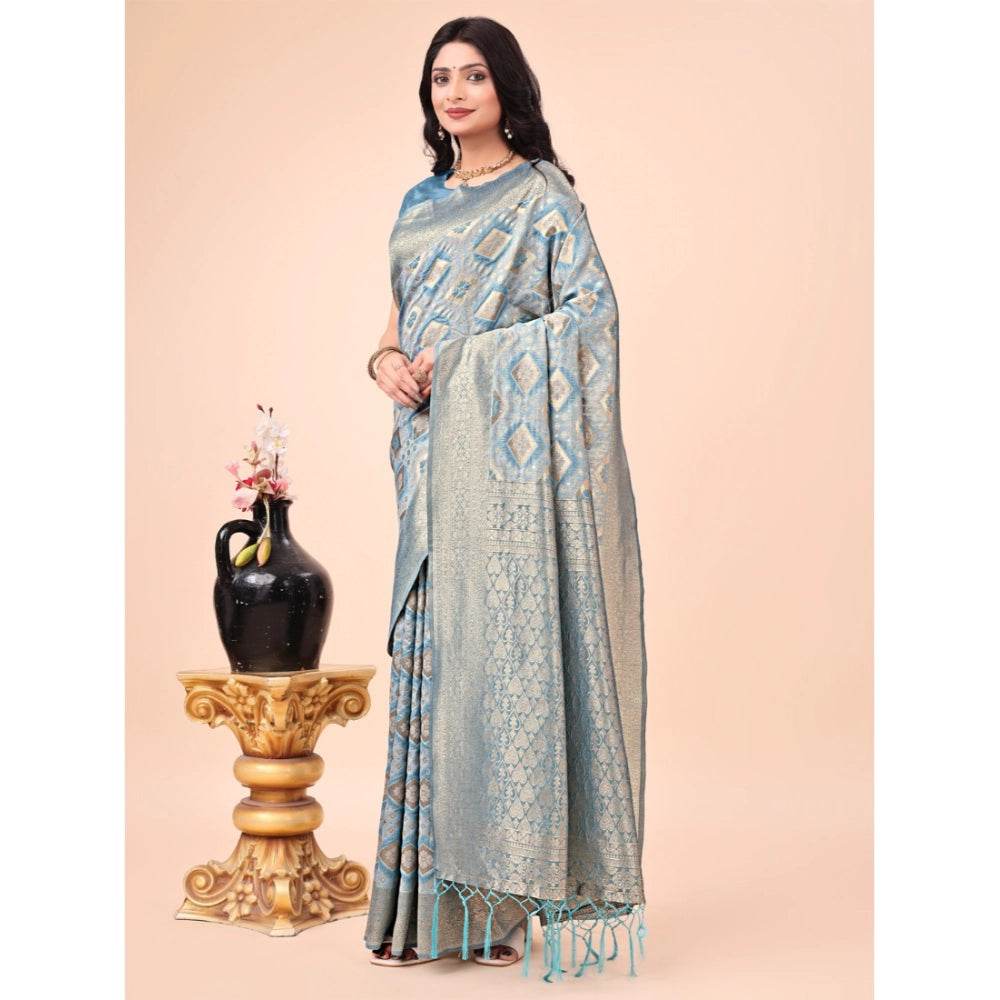 Generic Women's Cotton Printed Saree With Unstitched Blouse 5.5Mtr (Sky Blue) - MYLUXURY LANE ENTERPRISE
