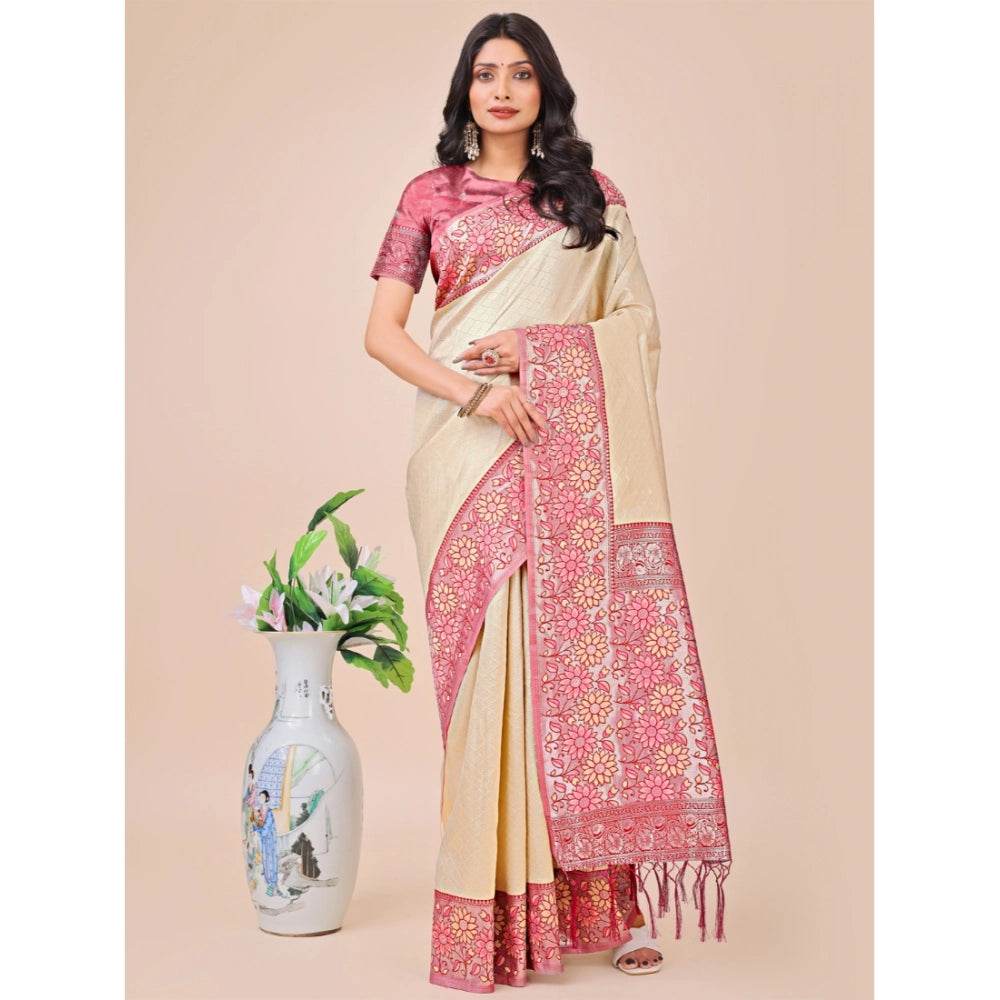 Generic Women's Lichi Silk Printed Saree With Unstitched Blouse 5.5Mtr (Cream) - MYLUXURY LANE ENTERPRISE