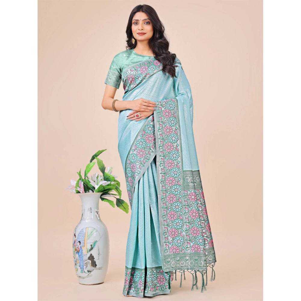 Generic Women's Lichi Silk Printed Saree With Unstitched Blouse 5.5Mtr (Teal) - MYLUXURY LANE ENTERPRISE