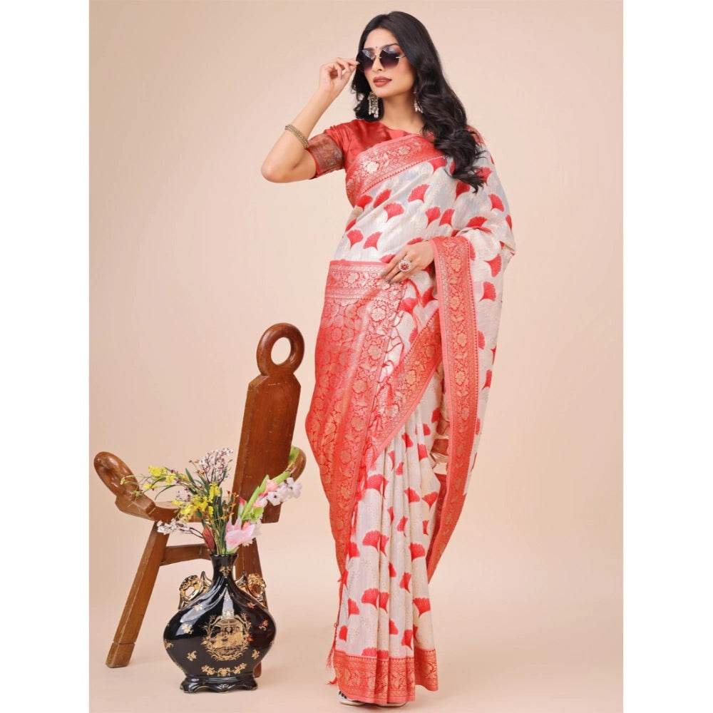 Generic Women's Linen Cotton Printed Saree With Unstitched Blouse 5.5Mtr (Red) - MYLUXURY LANE ENTERPRISE