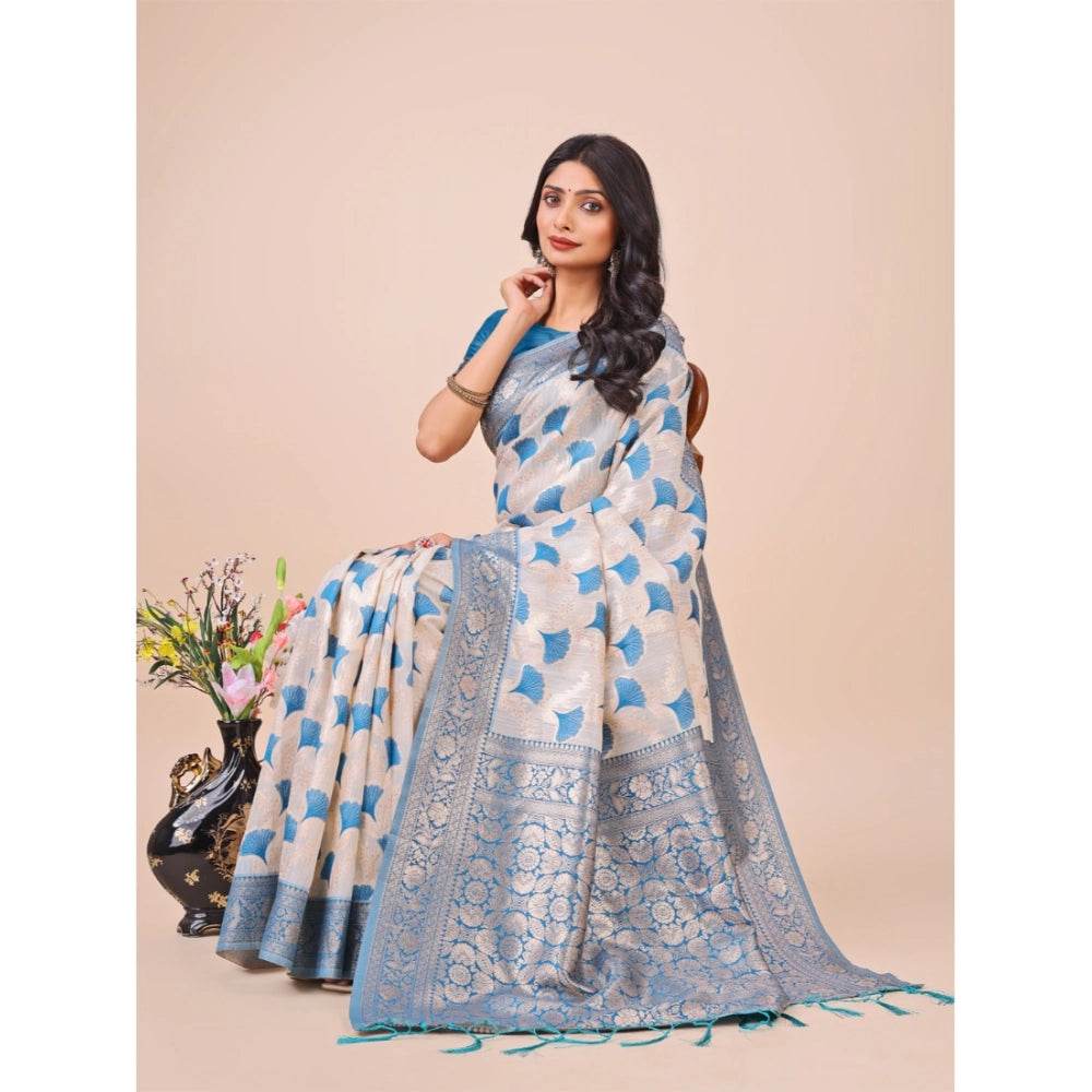 Generic Women's Linen Cotton Printed Saree With Unstitched Blouse 5.5Mtr (Sky Blue) - MYLUXURY LANE ENTERPRISE