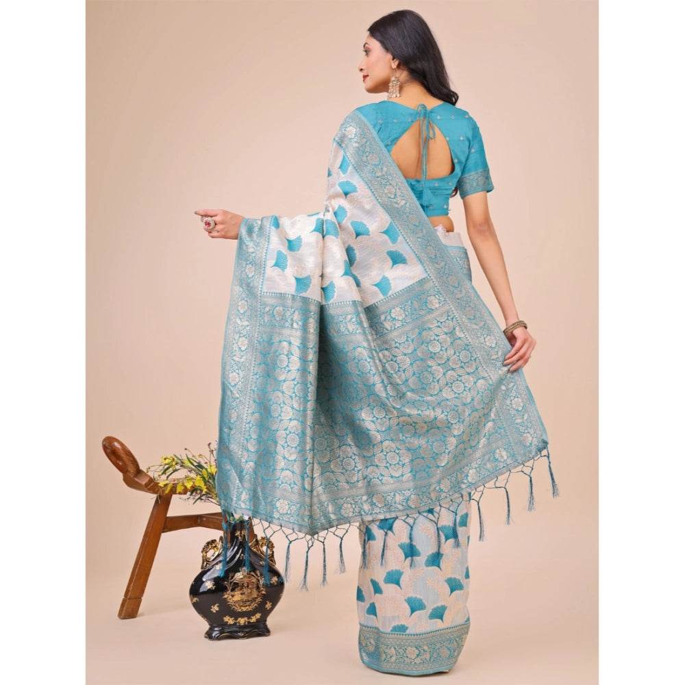 Generic Women's Linen Cotton Printed Saree With Unstitched Blouse 5.5Mtr (Teal) - MYLUXURY LANE ENTERPRISE