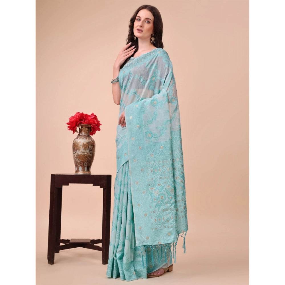 Generic Women's Cotton Printed Saree With Unstitched Blouse 5.5Mtr (Sky Blue) - MYLUXURY LANE ENTERPRISE