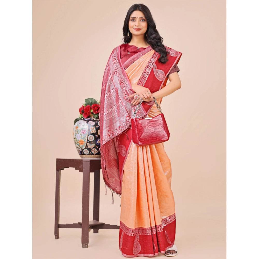 Generic Women's Lichi Silk Printed Saree With Unstitched Blouse 5.5Mtr (Peach) - MYLUXURY LANE ENTERPRISE