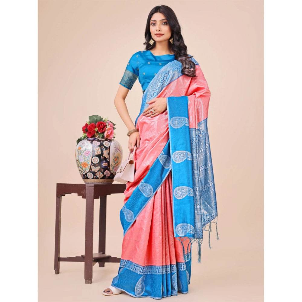 Generic Women's Lichi Silk Printed Saree With Unstitched Blouse 5.5Mtr (Peach) - MYLUXURY LANE ENTERPRISE